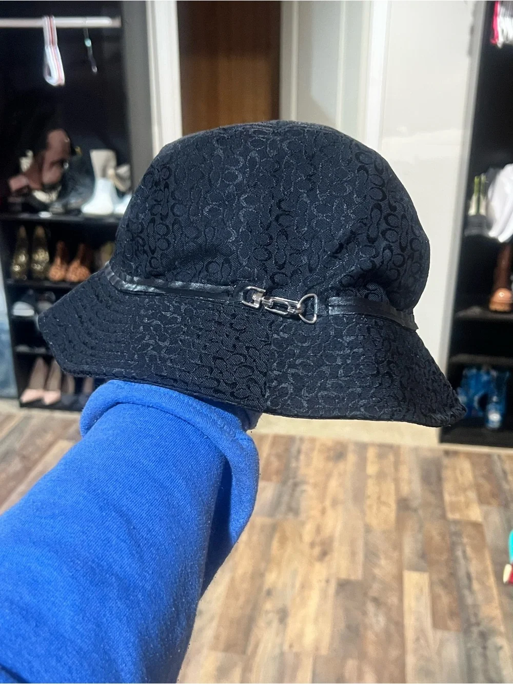 Coach Black Signature-Print Bucket Hat with Chain Accent